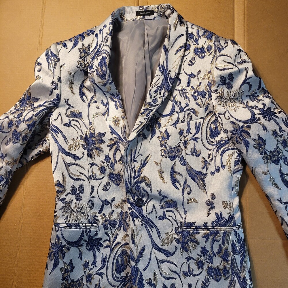 EJ Samuel Mens Tuxedo Blazer Blue Floral 40S Wool Polyester